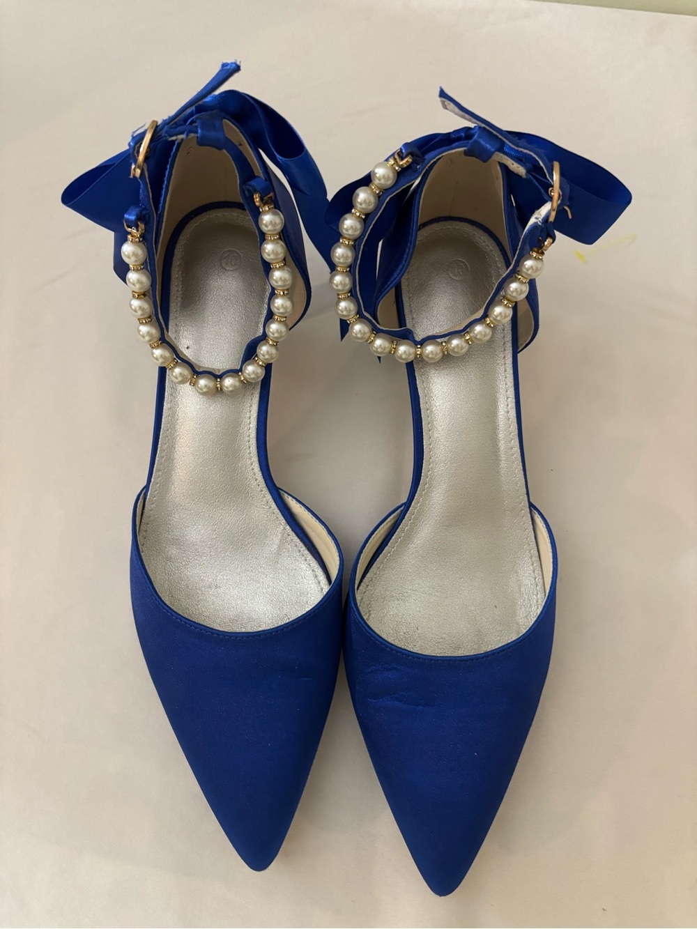Royal Blue Satin Pointed Toe Pumps Pearl Strap Size 10